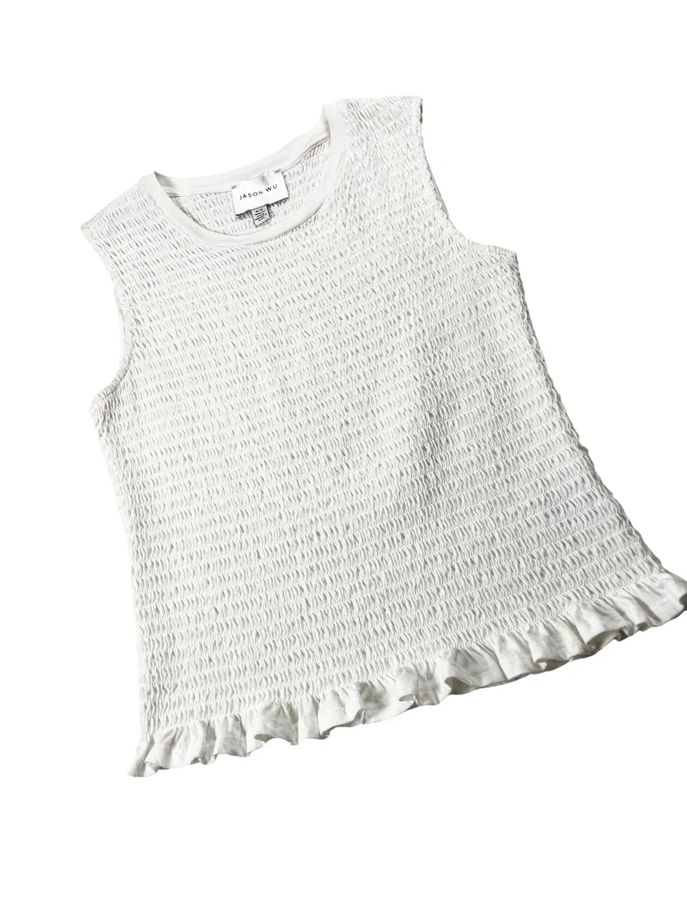 Jason Wu White Smocked Sleeveless Ruffle Hem Cotton Top Size Medium